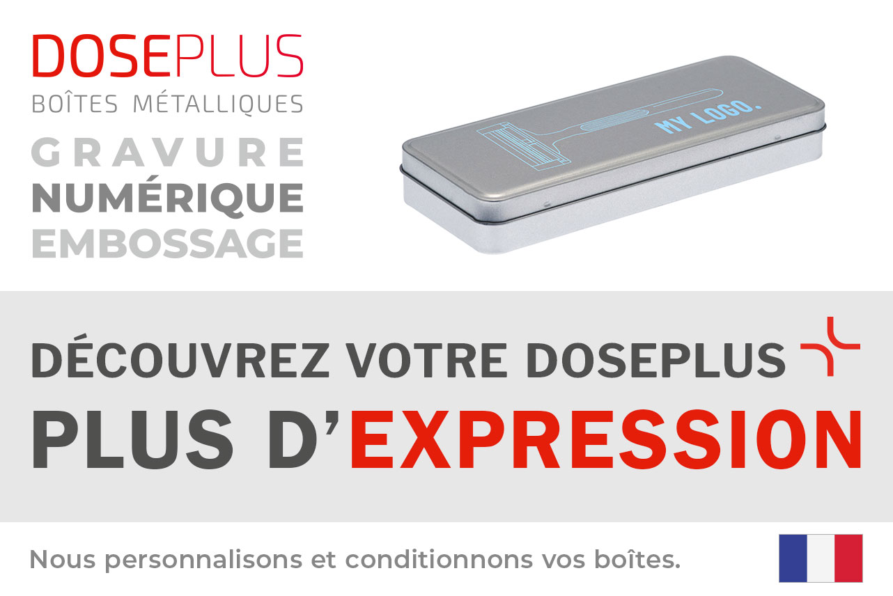 Boîte métallique argentée rectangulaire Doseplus avec impression bleu clair d'un rasoir et du texte « MY LOGO ». Texte : « Emballages métalliques – gaufrage, gravure laser, impression – Découvrez votre Doseplus, plus d'expression ».