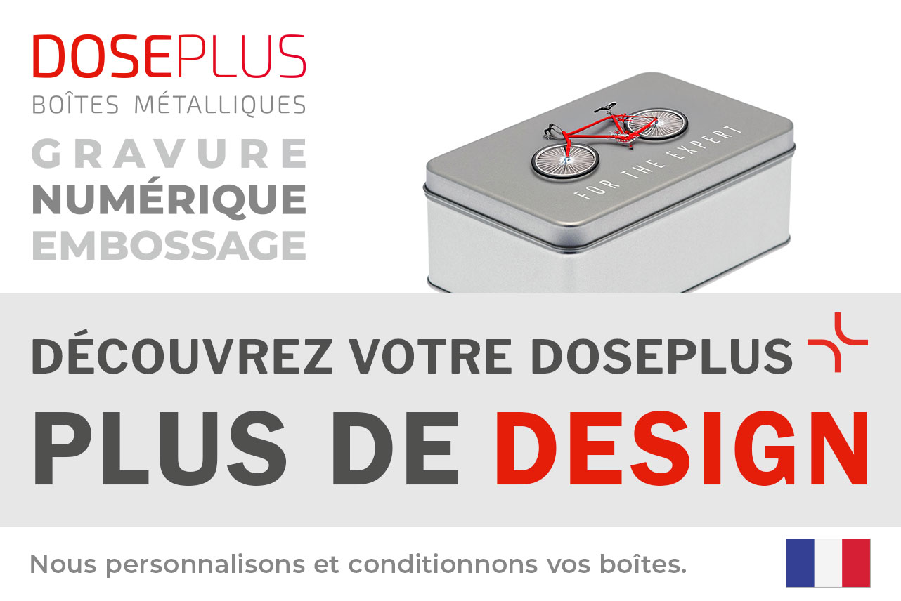 Boîte métallique argentée rectangulaire Doseplus avec impression d'un vélo rouge et texte « FOR THE EXPERT ». Texte : « Emballages métalliques – gaufrage, gravure laser, impression – Découvrez votre Doseplus, plus de design ».