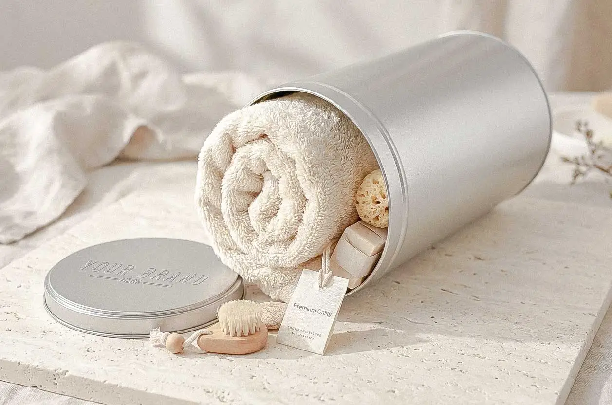 Runde Vorratsdose aus Weißblech DSR 041 mit gerolltem Premium-Badetuch, edlem Pflegezubehör und stilvollem Textiletikett als hochwertige Geschenkverpackung.