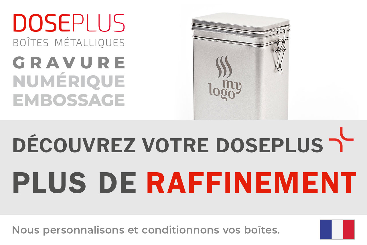 Boîte à café métallique 500g DSA 021 – Bannière : Découvrez votre Doseplus – Plus de raffinement. Emballage en métal haut de gamme pour personnalisation et marquage professionnel.