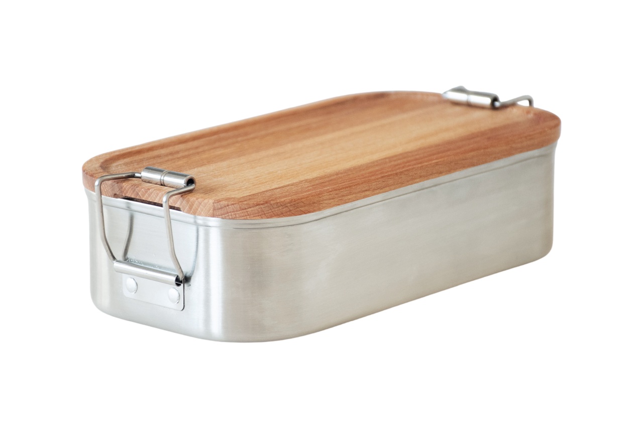 Boîte à lunch / boîte à pain durable en acier inoxydable avec couvercle en bois de hêtre pour entreprises et B2B