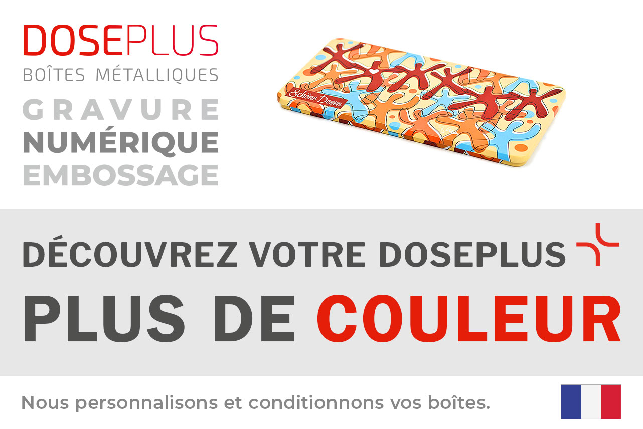 Boîte métallique pour chocolat Doseplus CO-005 – texte du bandeau : Découvrez votre Doseplus, plus de couleur. Boîte en métal plate pour emballages de chocolat personnalisés et cadeaux publicitaires.