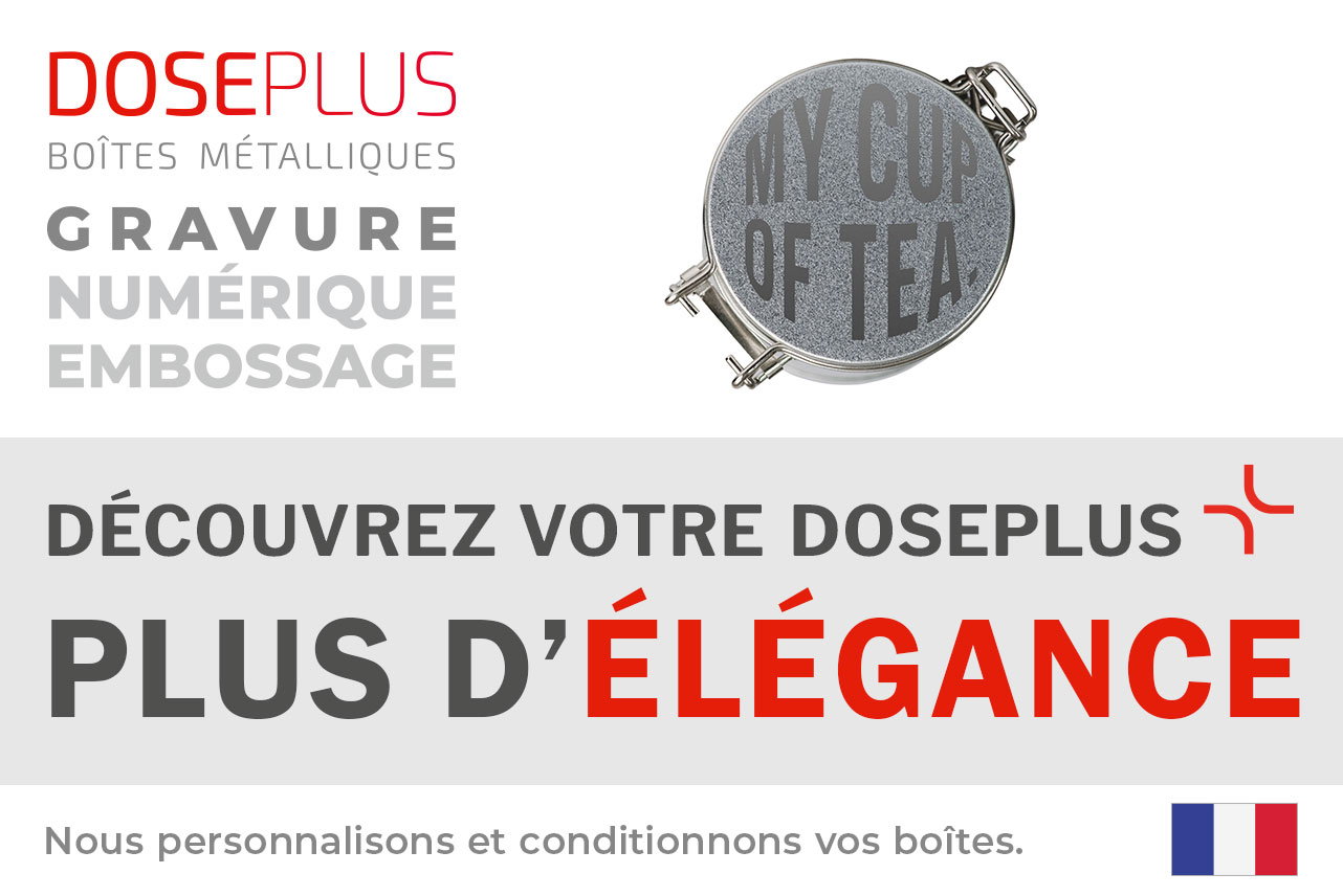 Boîte métallique avec fermoir DSA 001 – bandeau : Découvrez votre Doseplus, plus d’élégance. Boîte ronde avec fermeture hermétique à clip.