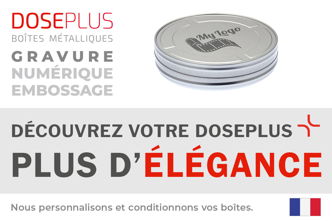Boîte film ronde FD 015 de Doseplus en argent – texte du bandeau : « Découvrez votre Doseplus – plus d'élégance ». Présente les options de finition : impression, gravure et embossage.