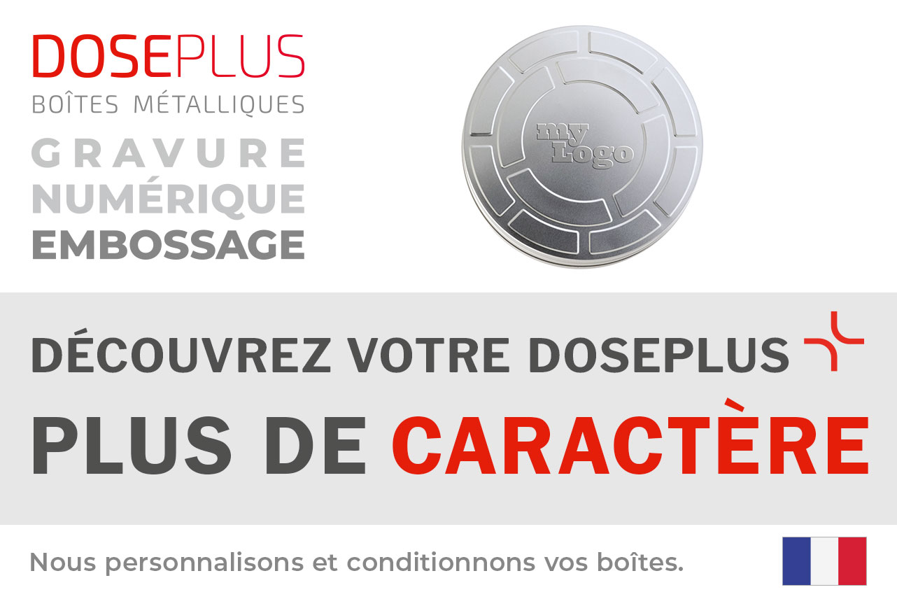 Boîte film ronde FD 100 de Doseplus – Texte du bandeau : « Découvrez votre Doseplus – plus de caractère ». Emballage métallique premium pour impression, gravure et embossage personnalisés.