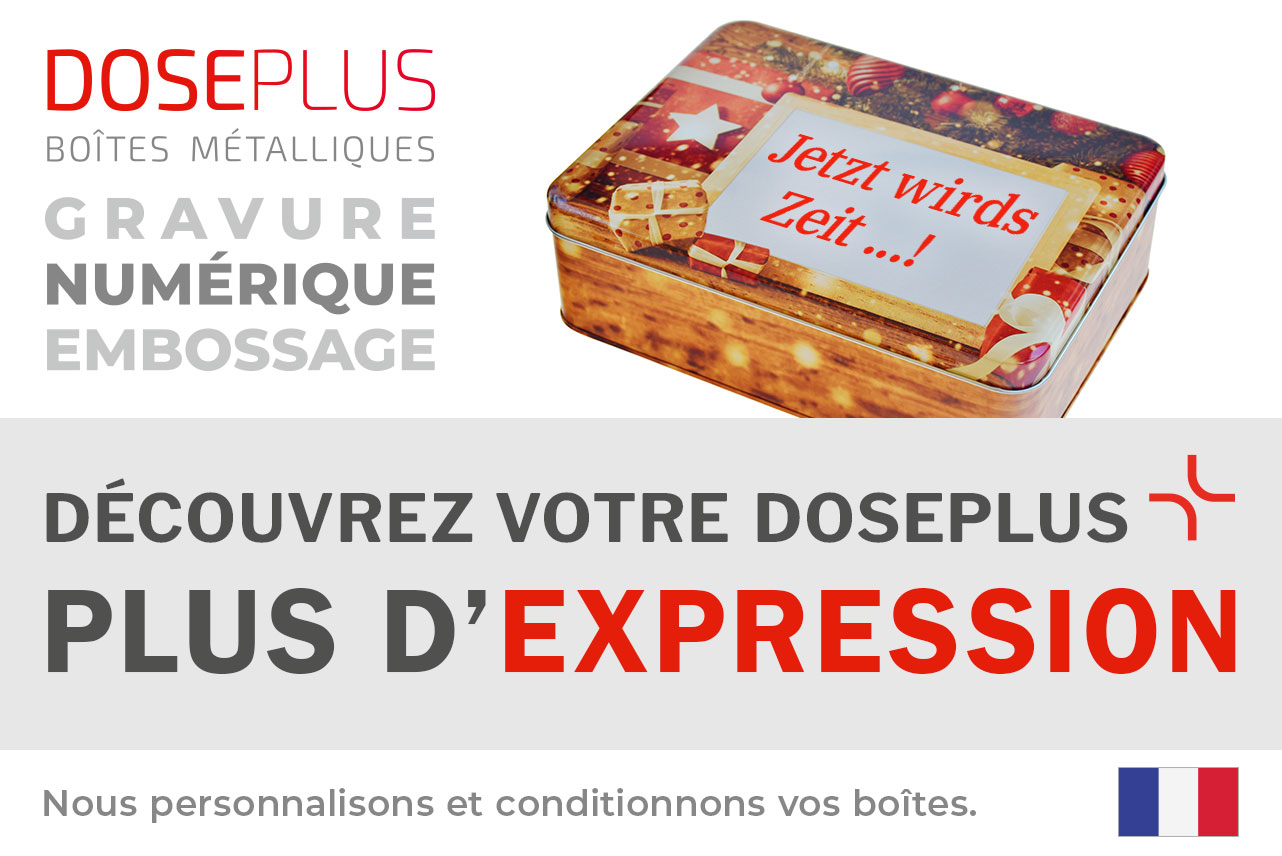 Boîte métallique Doseplus avec motif de Noël – cadeaux dorés, rubans et boules décoratives, inscription « Il est temps...! ». Texte : « Emballages métalliques – embossage, gravure laser, impression – Découvrez votre Doseplus, plus d'expression ».
