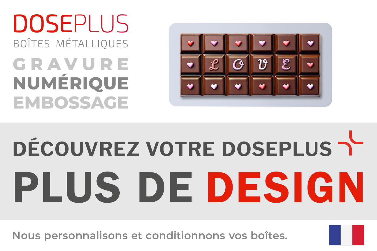 Boîte métallique pour chocolat Doseplus CO-010 – texte du bandeau : Découvrez votre Doseplus, plus de design. Boîte en métal plate pour emballages de chocolat personnalisés et cadeaux publicitaires.