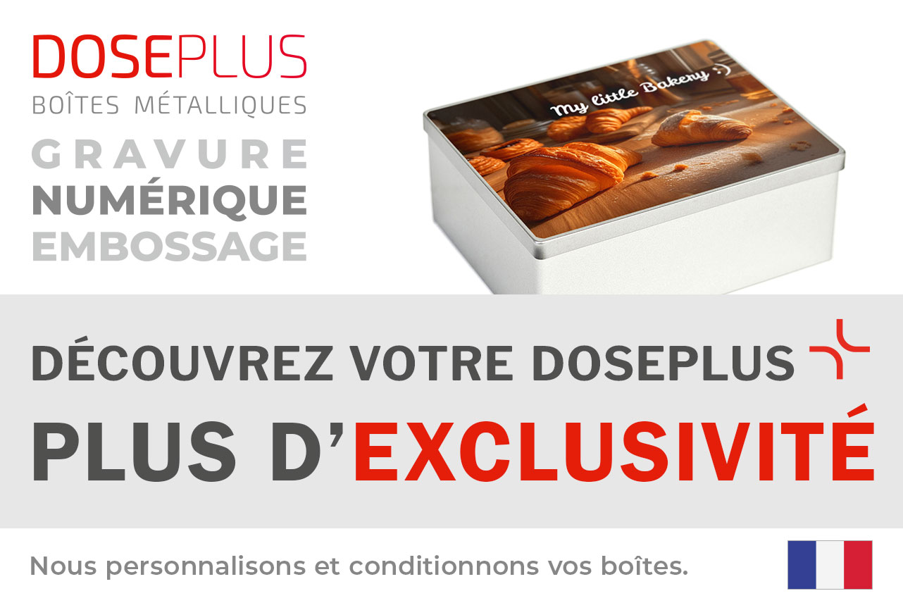 Boîte métallique argentée rectangulaire Doseplus avec impression numérique de croissants et texte « My little Bakery ». Texte : « Emballages métalliques – gaufrage, gravure laser, impression – Découvrez votre Doseplus, plus d'exclusivité ».