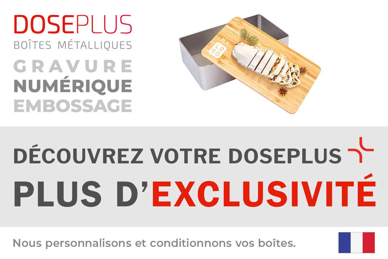 Boîte métallique DSE 031 avec couvercle en bambou – bandeau : Découvrez votre Doseplus, plus d’exclusivité. Boîte rectangulaire élégante en métal et bambou.