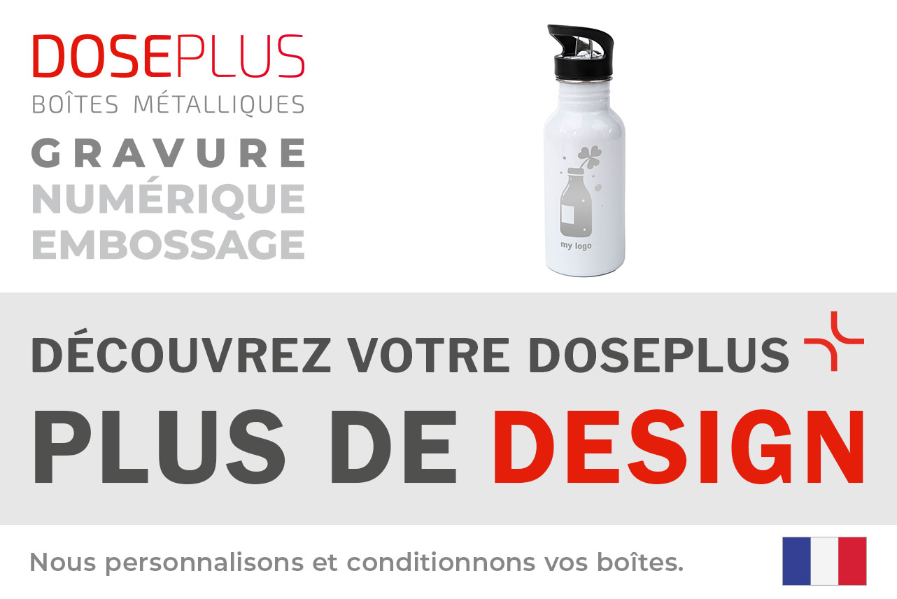 Gourde en acier inoxydable TFL 025 de Doseplus – Texte du bandeau : Découvrez votre Doseplus – Plus de design. Bouteille promotionnelle haut de gamme, personnalisable par impression, gravure ou laser.