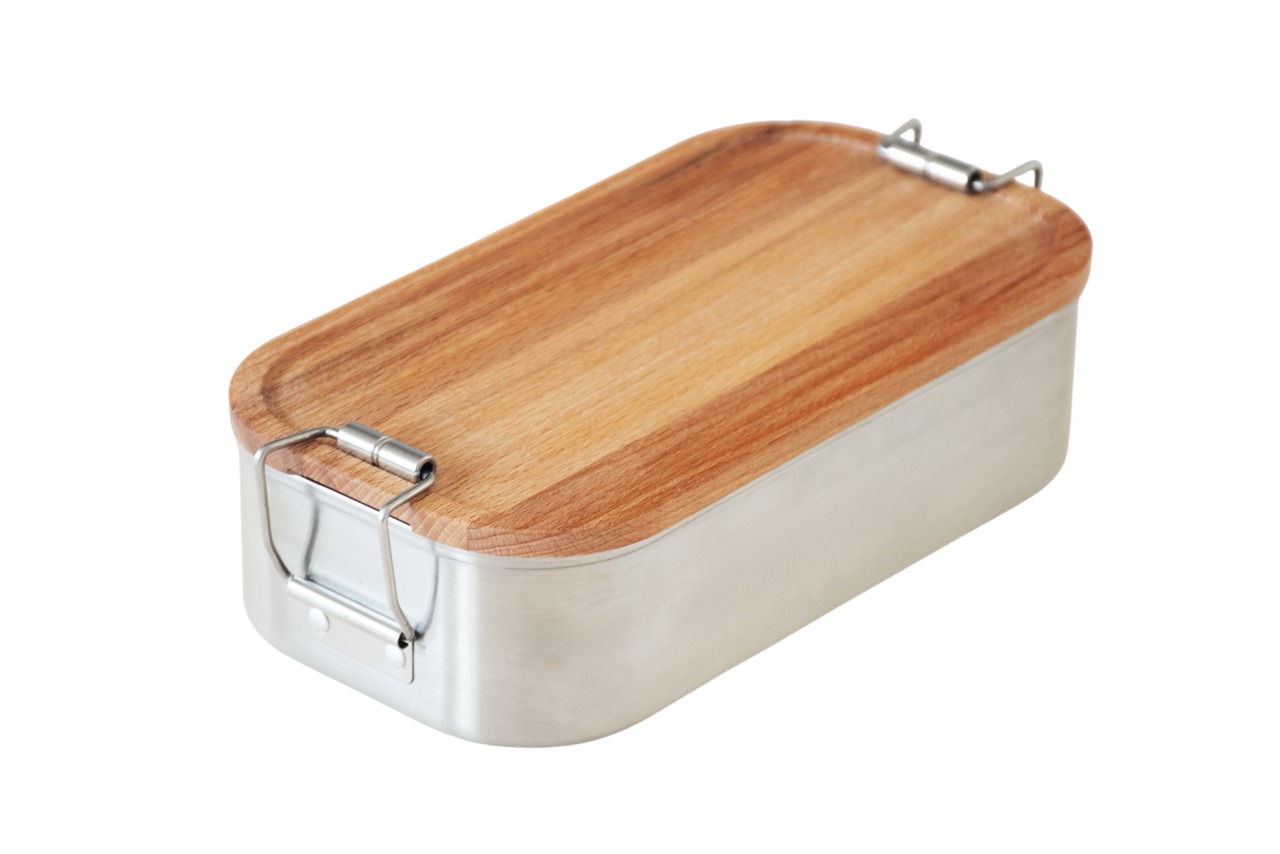 Boîte à pain robuste en acier inoxydable et boîte à lunch avec couvercle en bois européen de hêtre