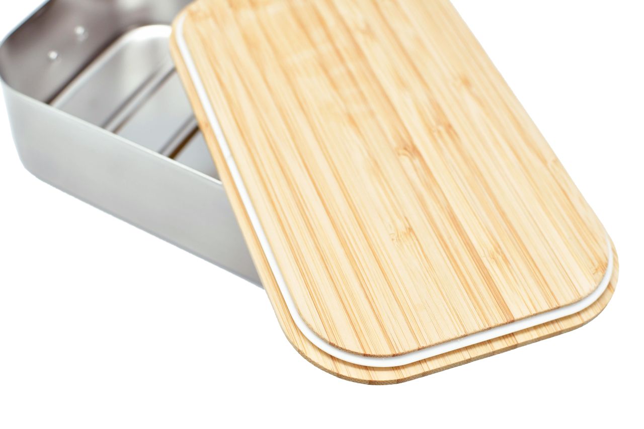 Lunchbox SA10 ouverte en acier inoxydable avec couvercle en bambou et joint d'étanchéité – lunchbox durable pour entreprises et cadeaux d'employés