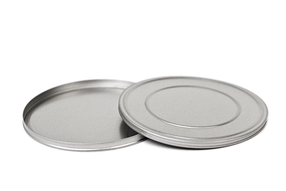 Boîte métallique ronde ouverte en fer blanc couleur argent avec couvercle emboîtant amovible, représentée sur fond blanc.