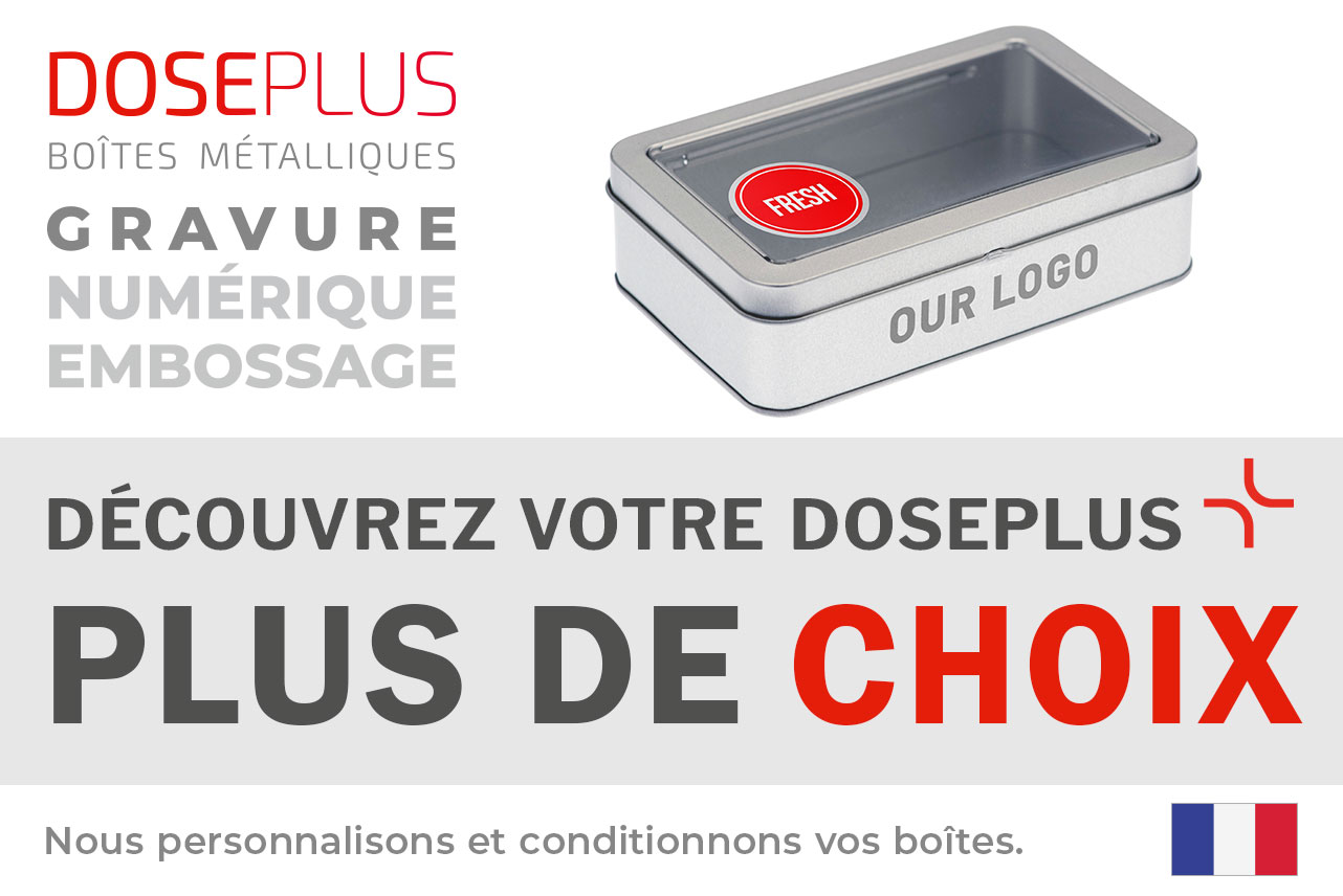 Boîte métallique argentée rectangulaire Doseplus avec couvercle à fenêtre, autocollant rouge « FRESH » et impression latérale « OUR LOGO ». Texte : « Emballages métalliques – gaufrage, gravure laser, impression – Découvrez votre Doseplus, plus de choix ».
