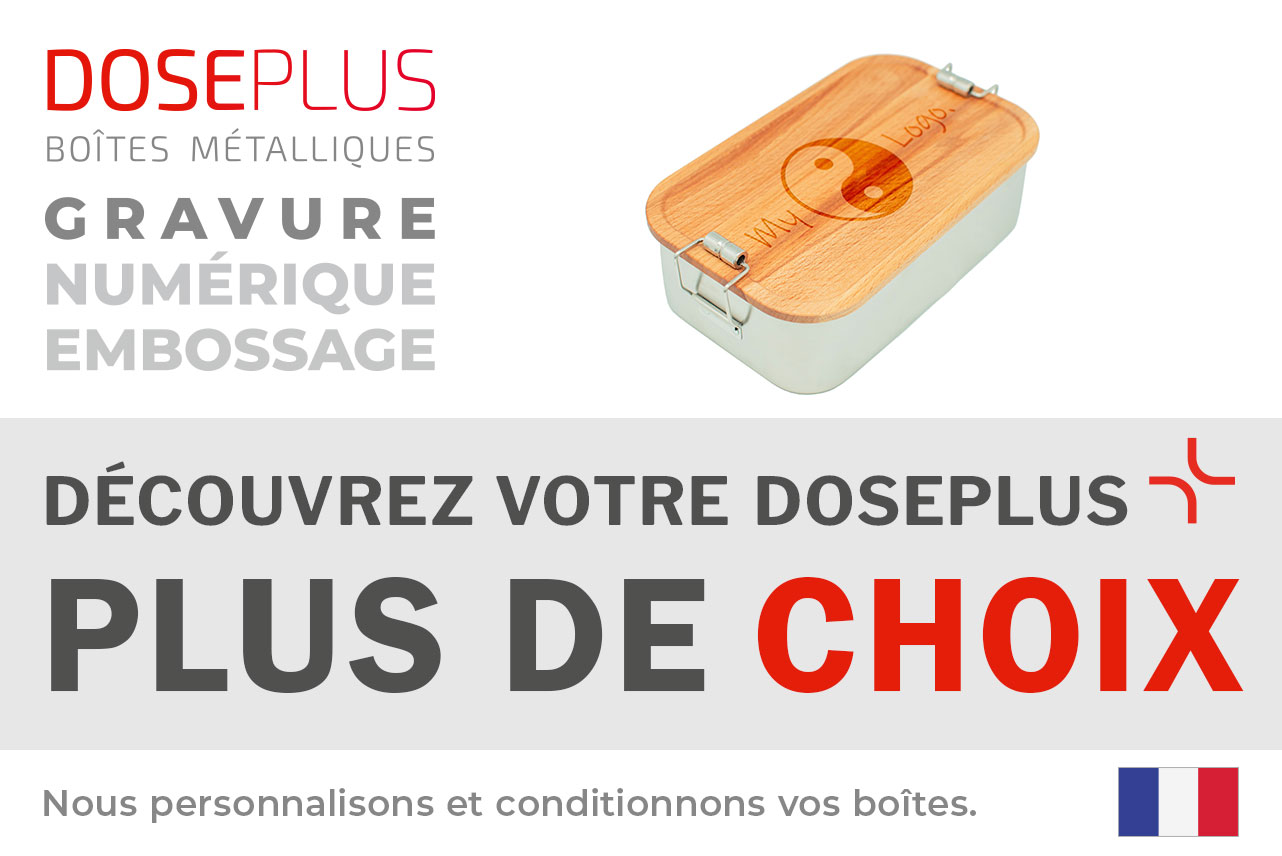 Boîte repas CP BU C4 en inox avec couvercle en bambou – Bannière : Découvrez votre Doseplus – Plus de choix. Boîte durable idéale pour personnalisation et gravure.