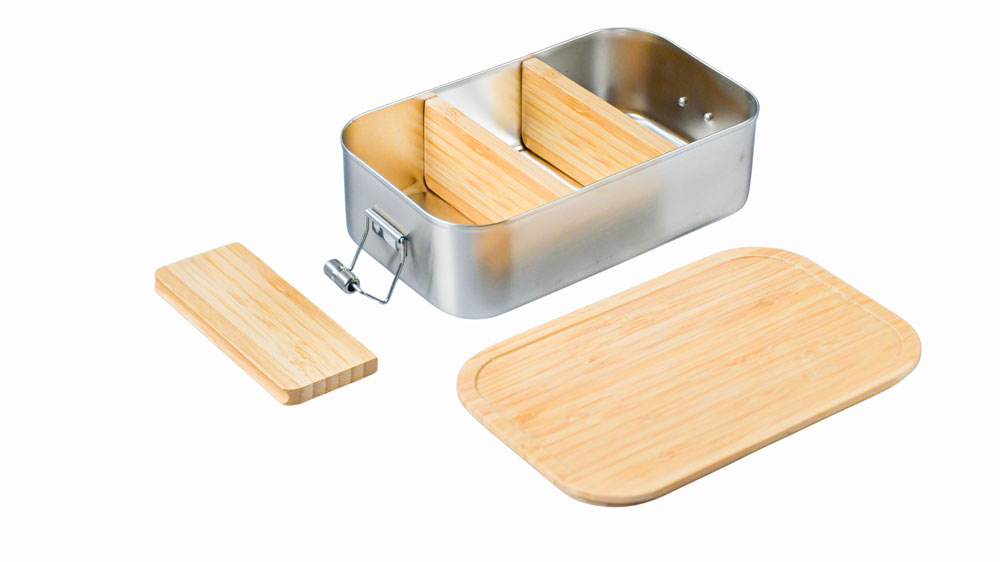 Séparateur en bambou inséré dans boîte à lunch en acier inoxydable, option bento pour collations et repas