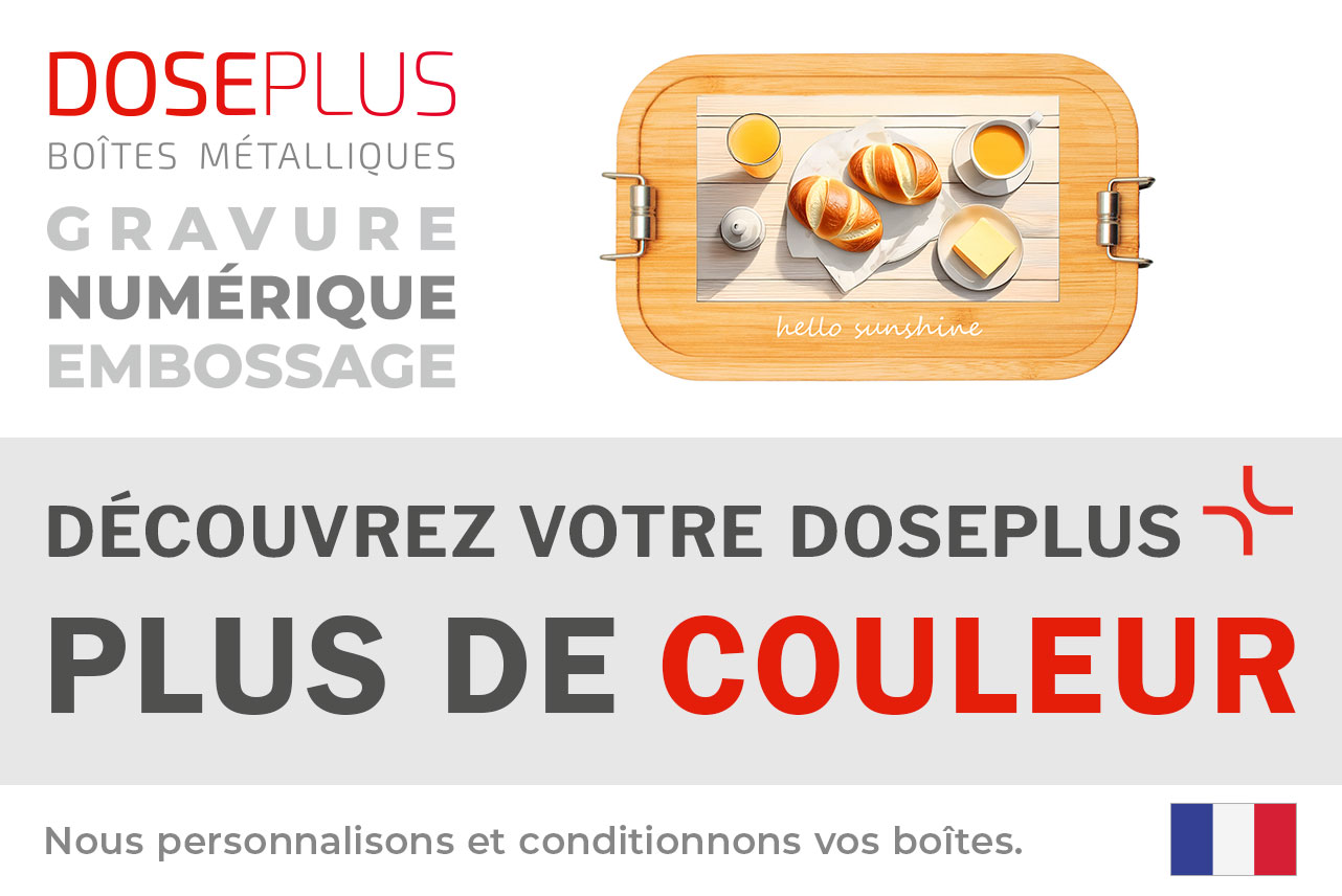 Boîte repas inox CP BA C1 avec couvercle en bambou – Bannière : Découvrez votre Doseplus – Plus de couleur. Boîte robuste au design coloré, idéale pour la personnalisation.
