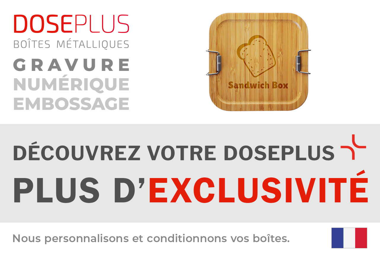 Boîte à lunch rectangulaire en bambou CP BA Q1 de Doseplus avec surface personnalisable en gravure ou impression. Texte de banneau : « Découvrez votre Doseplus – plus d'exclusivité ». Boîte durable idéale pour le branding professionnel.