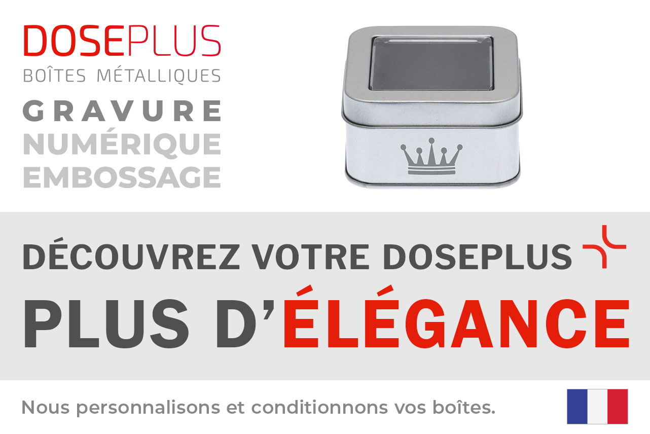 Boîte métallique Doseplus carrée – texte du bandeau : Découvrez votre Doseplus, plus d'élégance. Boîte personnalisée avec gravure, gaufrage et impression haut de gamme.