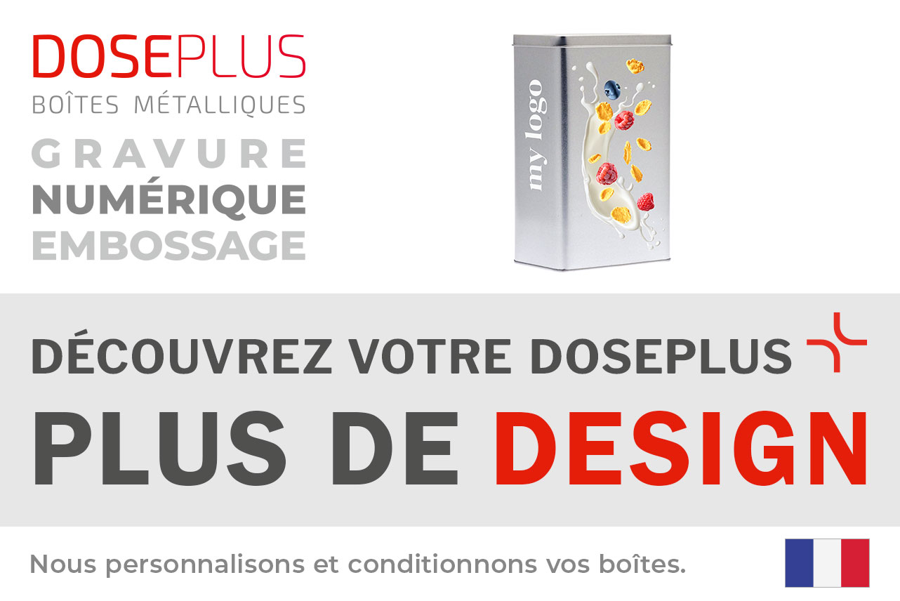 Boîte métallique rectangulaire DSE 12.8.20 avec couvercle à charnière – Bannière : Découvrez votre Doseplus – Plus de design. Emballage premium pour personnalisation et marquage design.