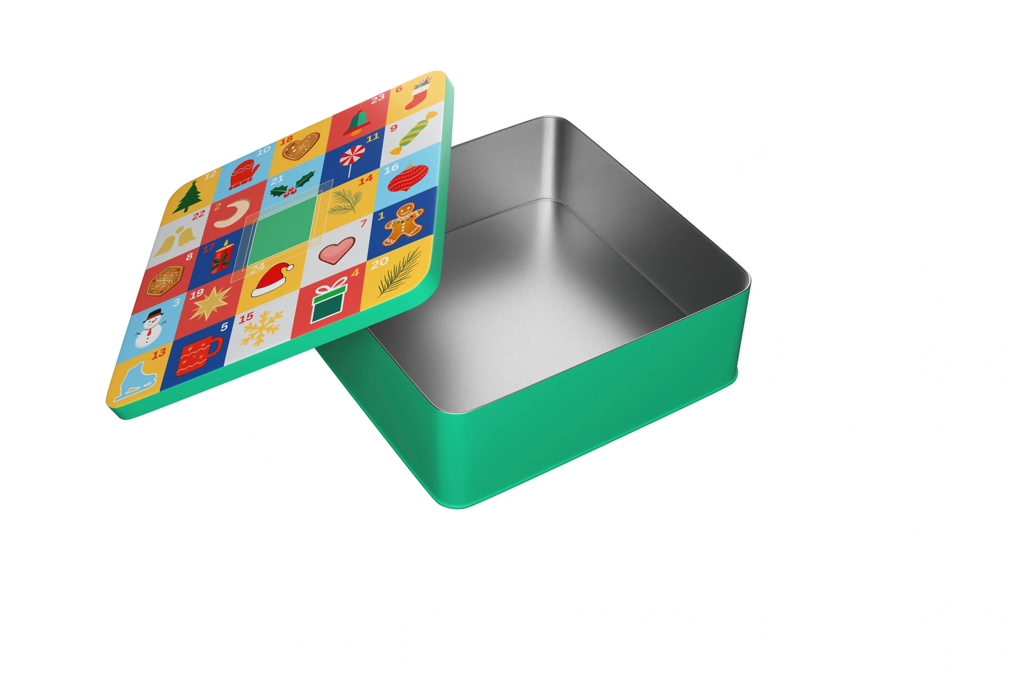 Grüne Adventskalenderdose WD 011 mit geöffnetem Deckel