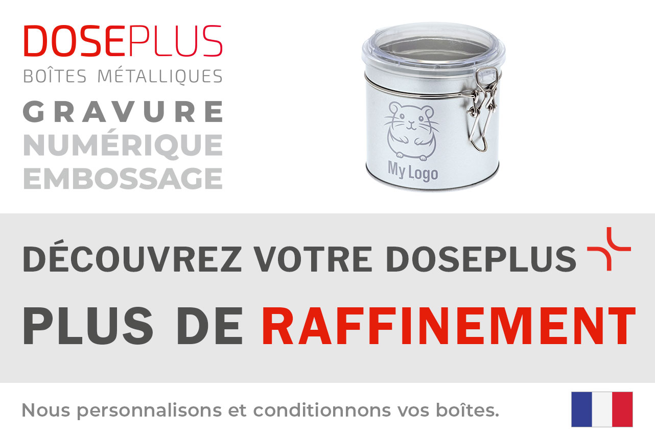 Boîte de rangement ronde en métal DSA 005 avec fermeture à étrier – Bannière : Découvrez votre Doseplus – Plus de raffinement. Emballage métallique premium pour personnalisation et marquage haut de gamme.