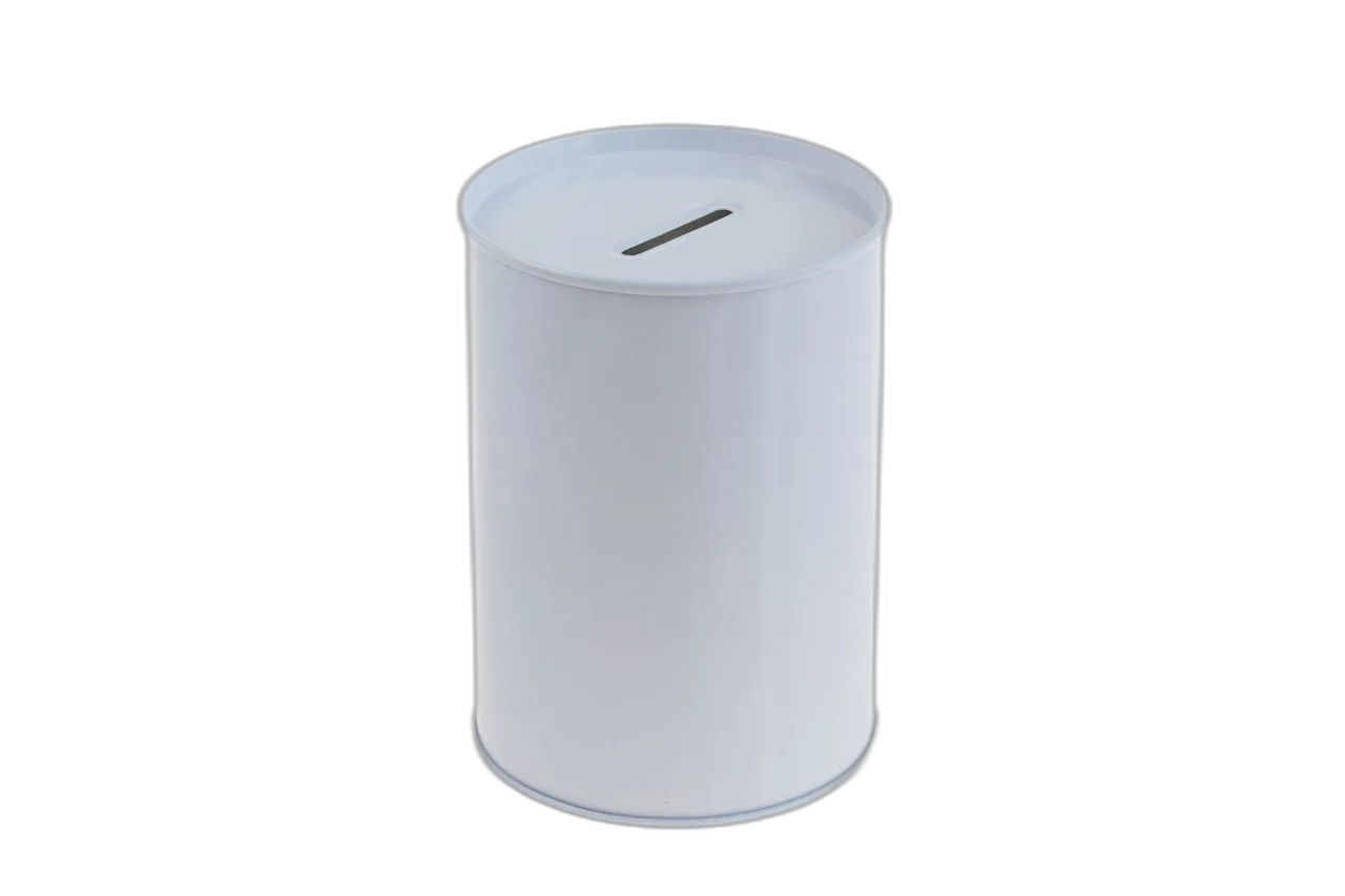 Tirelire ronde personnalisable en métal blanc