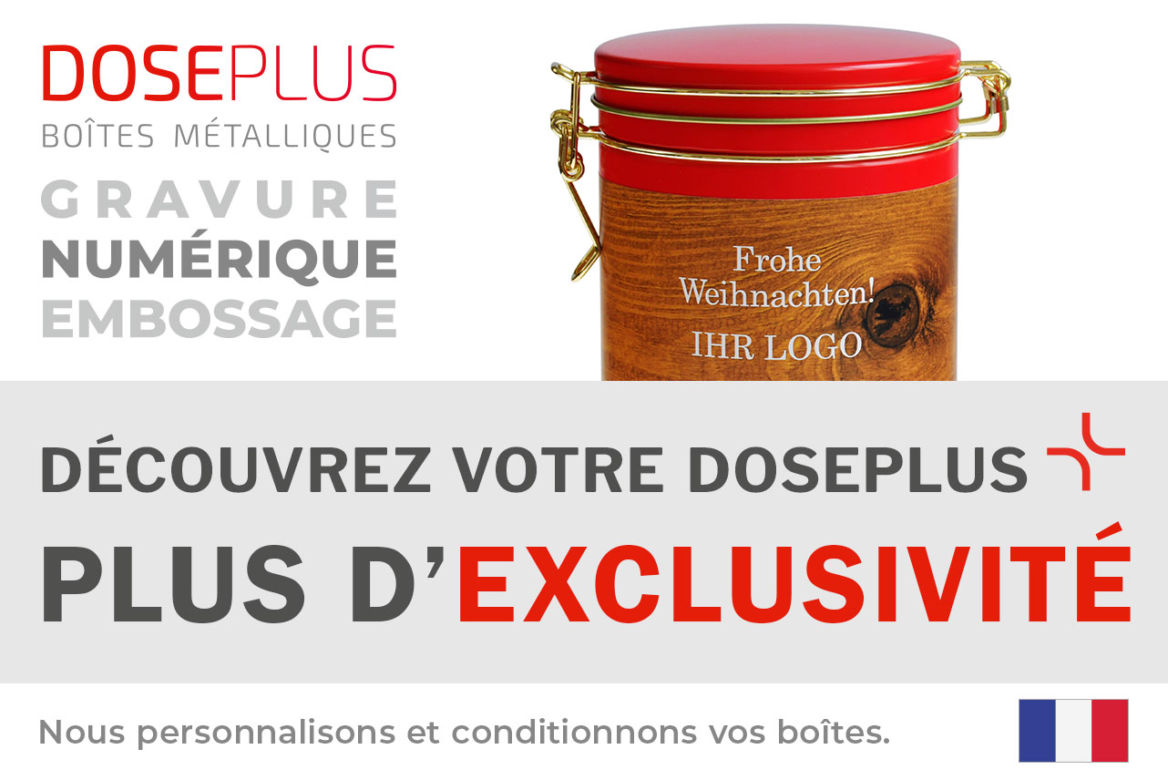 Boîte métallique Doseplus avec gravure laser d'un appareil photo et inscription « Photographers Box ». Texte : « Emballages métalliques – embossage, gravure laser, impression – Découvrez votre Doseplus, plus d'élégance ».