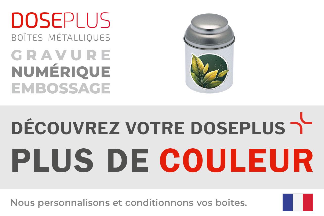Boîte à thé ronde Doseplus DSR 65.95 – bandeau : Découvrez votre Doseplus, plus de couleur. Boîte métallique idéale pour thé, épices ou petits produits.
