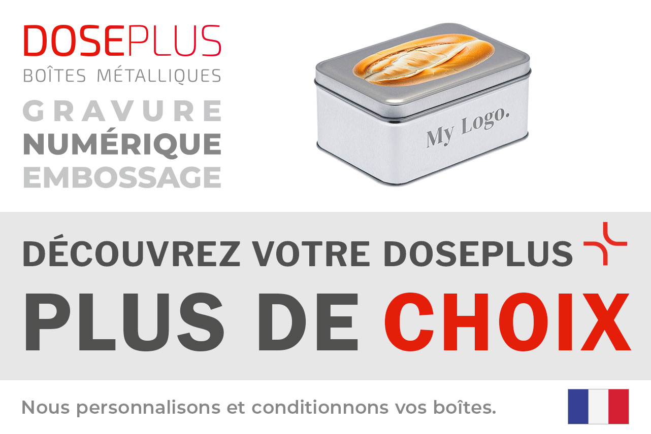 Boîte métallique Doseplus DSE 125.87 – bandeau : Découvrez votre Doseplus, plus de choix. Boîte rectangulaire avec couvercle à glissière, idéale pour emballage et rangement.