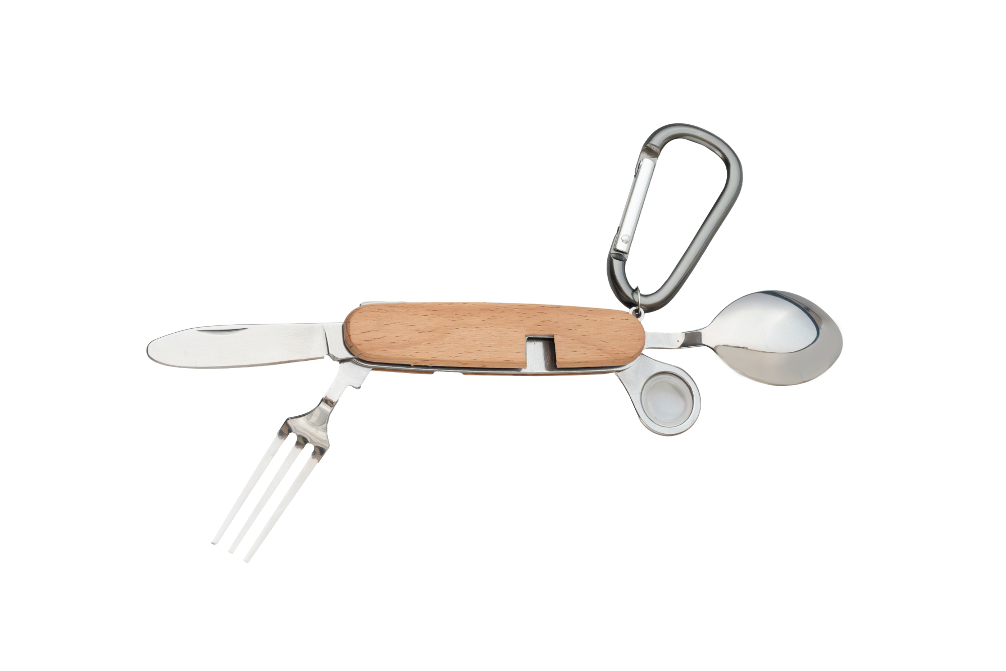 Geöffnetes Kinder-Outdoor-Besteck aus Edelstahl mit Buchenholzgriff und Karabiner