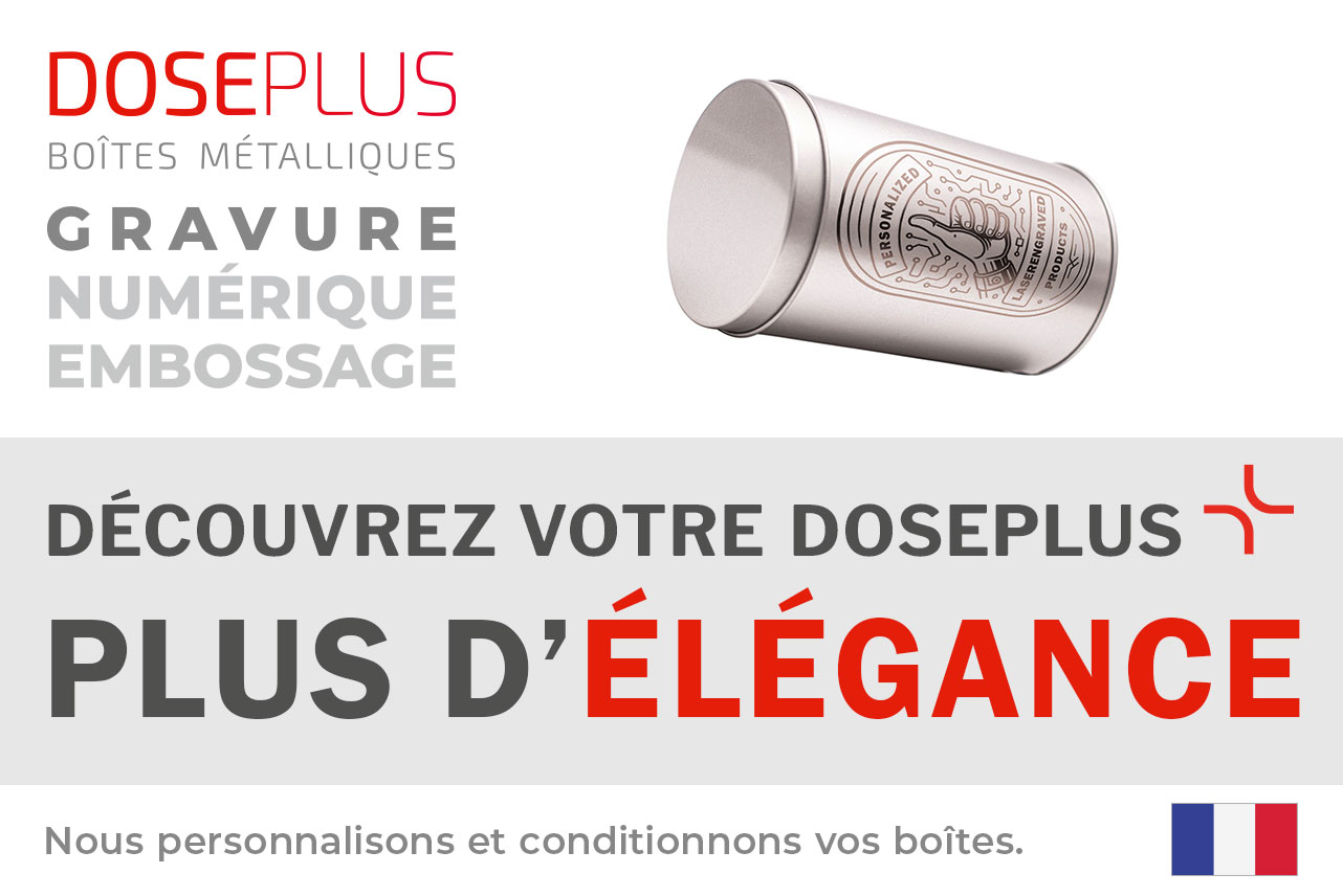 Boîte cadeau métallique ronde Doseplus – texte du bandeau : Découvrez votre Doseplus, plus d’élégance. Emballages métalliques personnalisés, gravés et imprimés.