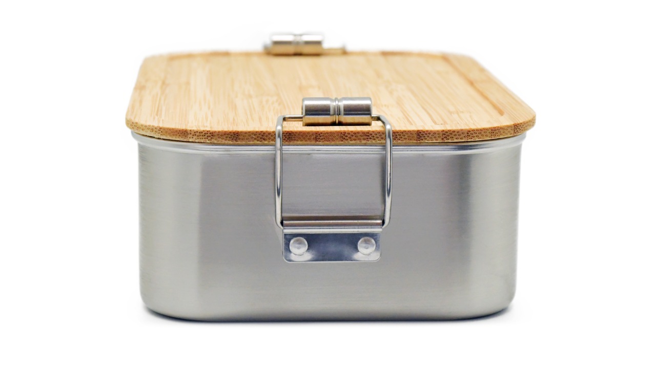 Boîte à lunch en acier inoxydable avec couvercle en bambou et anneau en silicone – boîte à pain durable pour B2B