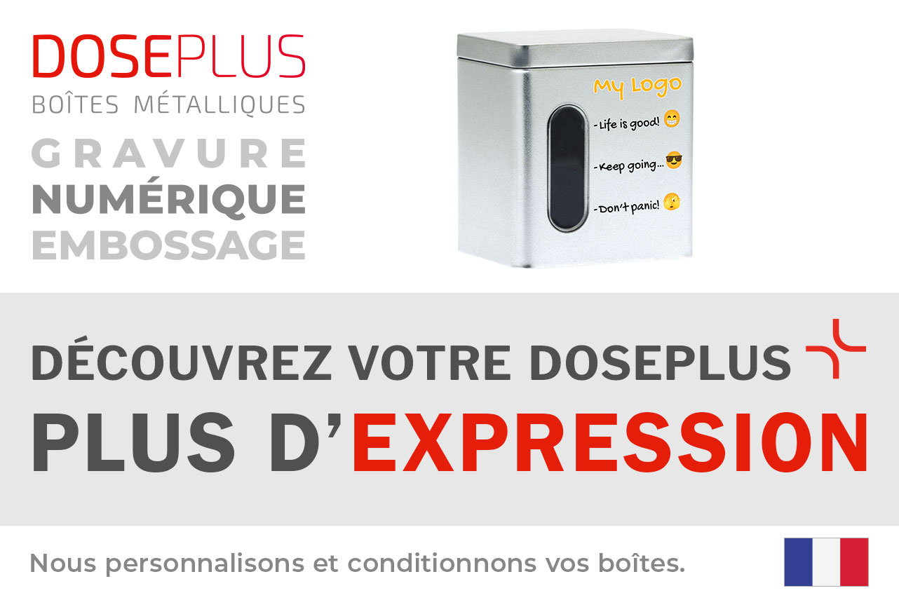 Boîte de rangement rectangulaire en métal DSA 010 avec fenêtre – Bannière : Découvrez votre Doseplus – Plus d’expression. Emballage métallique premium pour personnalisation et marquage professionnel.