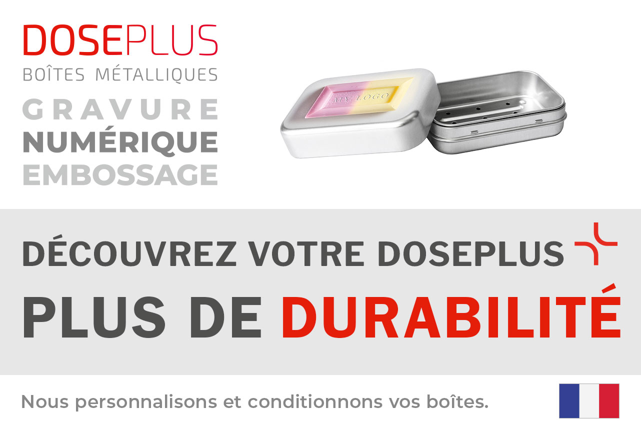 Boîte à savon en aluminium Doseplus DSS-025 avec grille d’égouttage – bandeau : Découvrez votre Doseplus, plus de durabilité. Boîte réutilisable pour savons solides et produits durables.