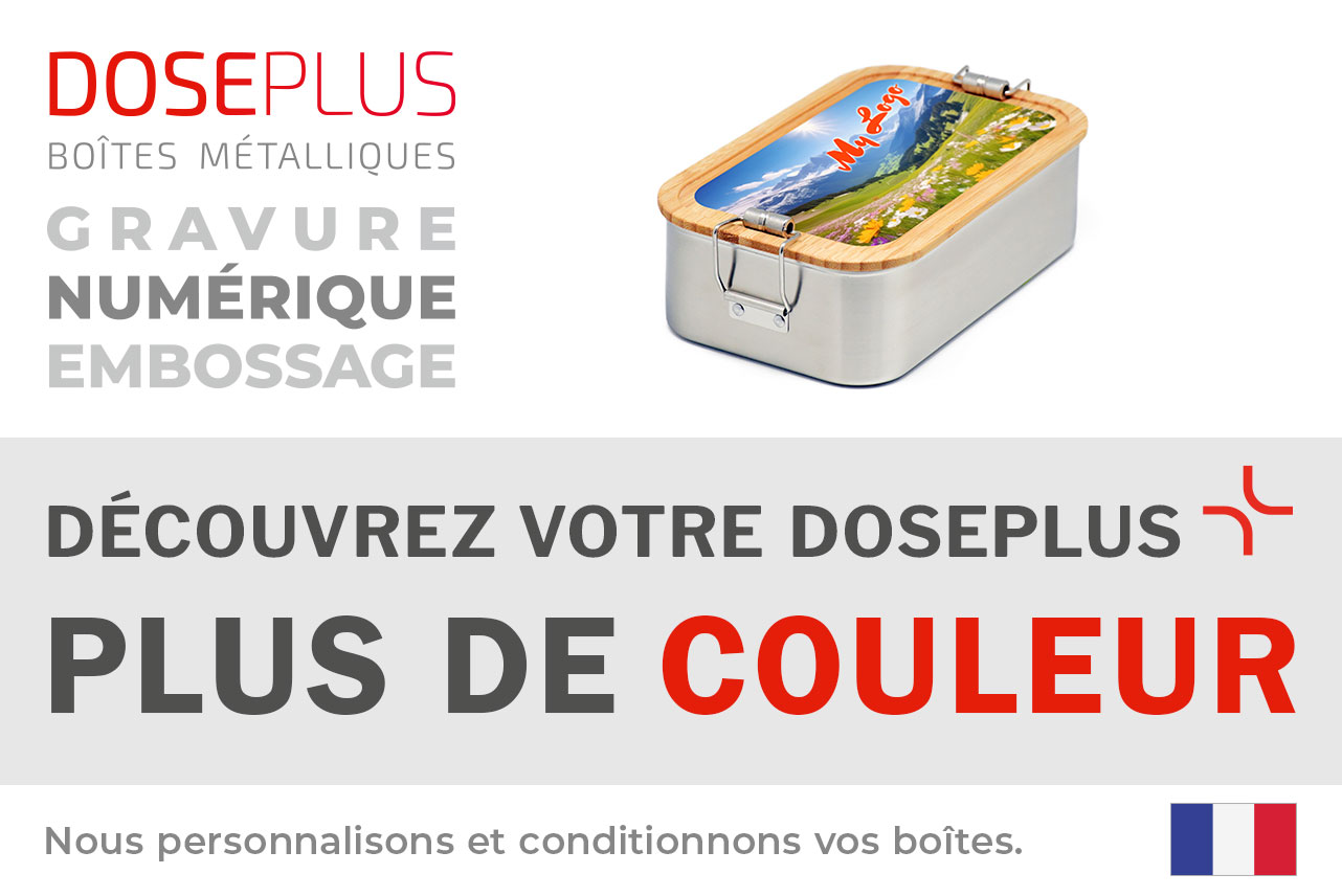 Boîte repas inox CP SA 10 avec couvercle en bambou – Bannière : Découvrez votre Doseplus – Plus de couleur. Boîte SafeMax robuste avec design coloré, parfaite pour la personnalisation.