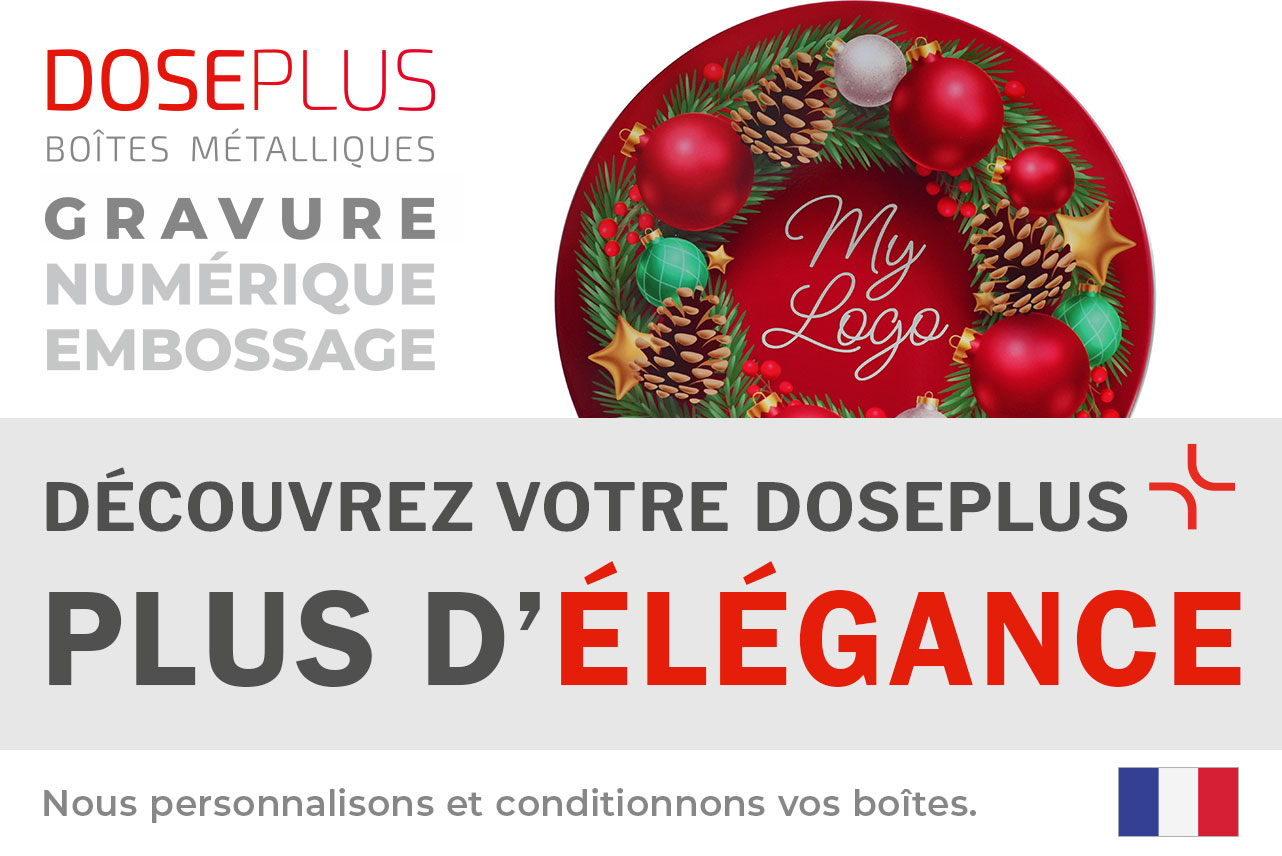 Boîte métallique ronde de Noël WD 036 avec motif rouge de boules festives – texte : « Découvrez votre Doseplus – Plus d’élégance ». Emballage premium conçu pour la personnalisation d’entreprise.