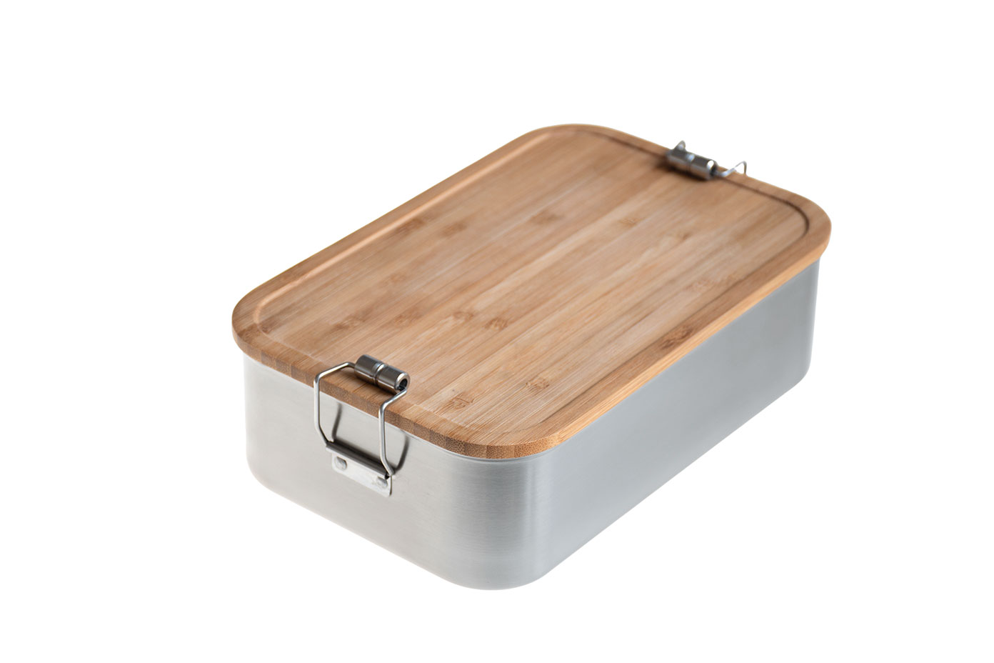 Grande boîte à lunch en acier inoxydable avec couvercle en bambou – fermée