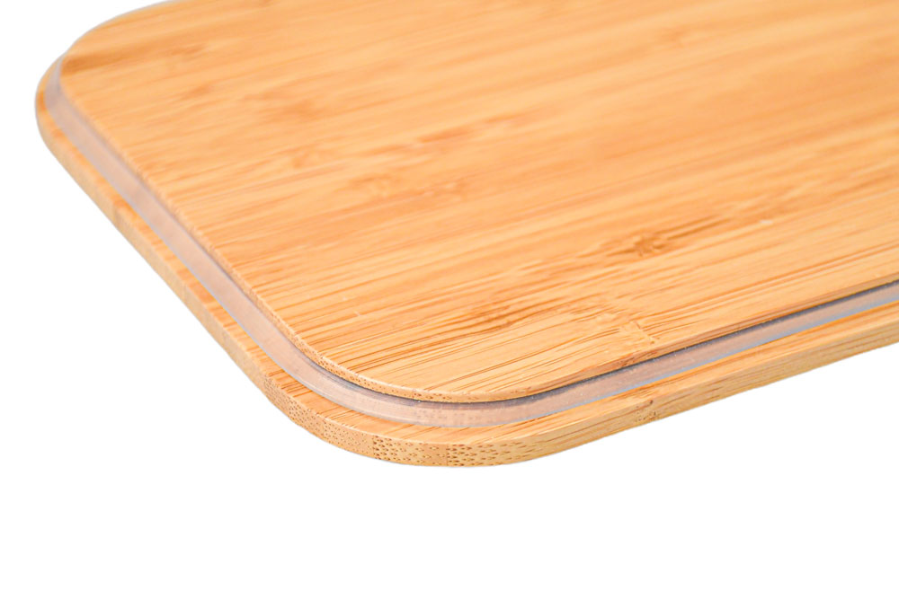 Couvercle en bambou en gros plan – coins arrondis et structure du bois visible, avec joint en silicone, couvercle de remplacement de haute qualité.