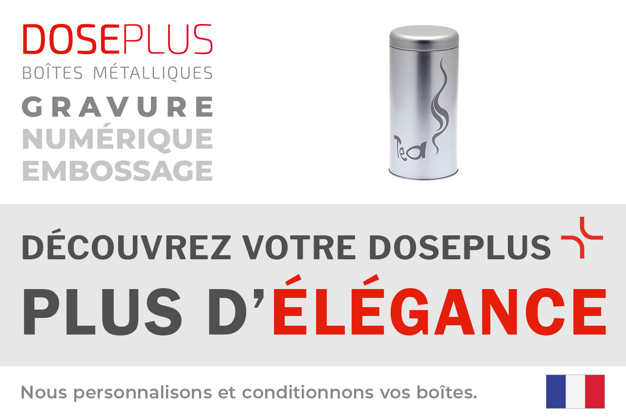 Boîte à thé Doseplus ronde en métal – texte du bandeau : Découvrez votre Doseplus, plus d'élégance. Boîte raffinée avec gravure pour emballages haut de gamme.