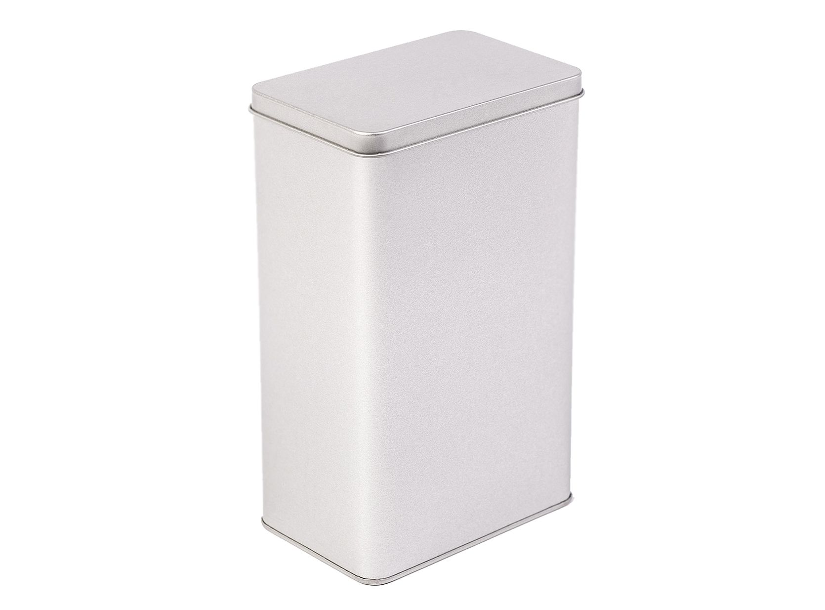 Boîte de rangement rectangulaire fermée en métal couleur argent avec coins légèrement arrondis et couvercle emboîtant, photographiée sur fond blanc.
