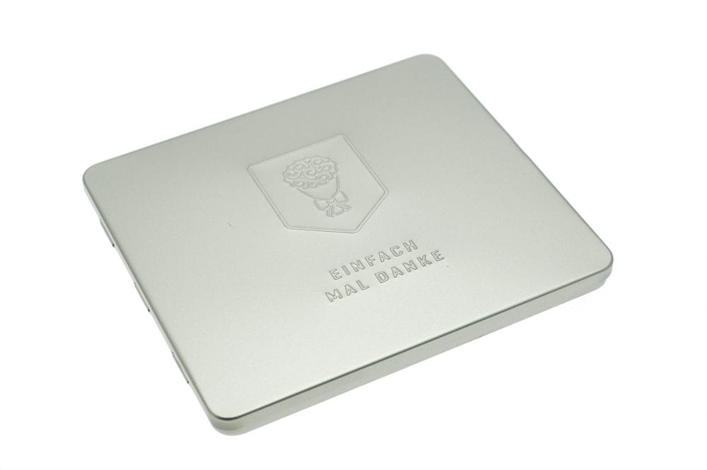 Emballage de chèque-cadeau élégant avec inscription en relief « Einfach mal Danke » – idéal comme emballage de point de vente dans le commerce de détail