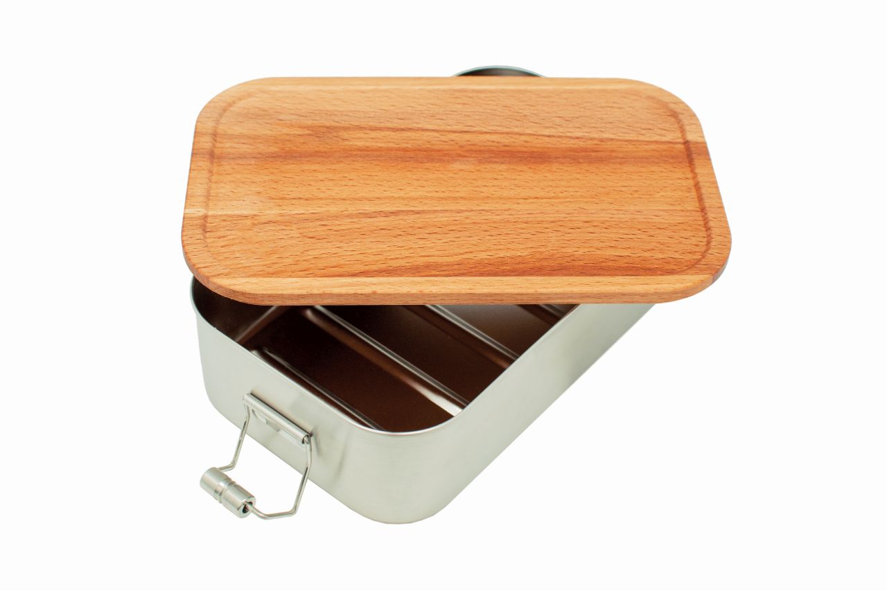 Boîte à lunch en acier inoxydable avec couvercle en bois de hêtre semi-ouvert et fermeture, boîte à pain durable pour emporter.