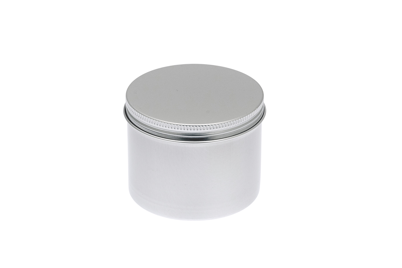 Boîte en aluminium de 200 ml avec couvercle à vis, photographiée de biais par le haut. La boîte ronde présente le couvercle lisse et la surface métallique mate.
