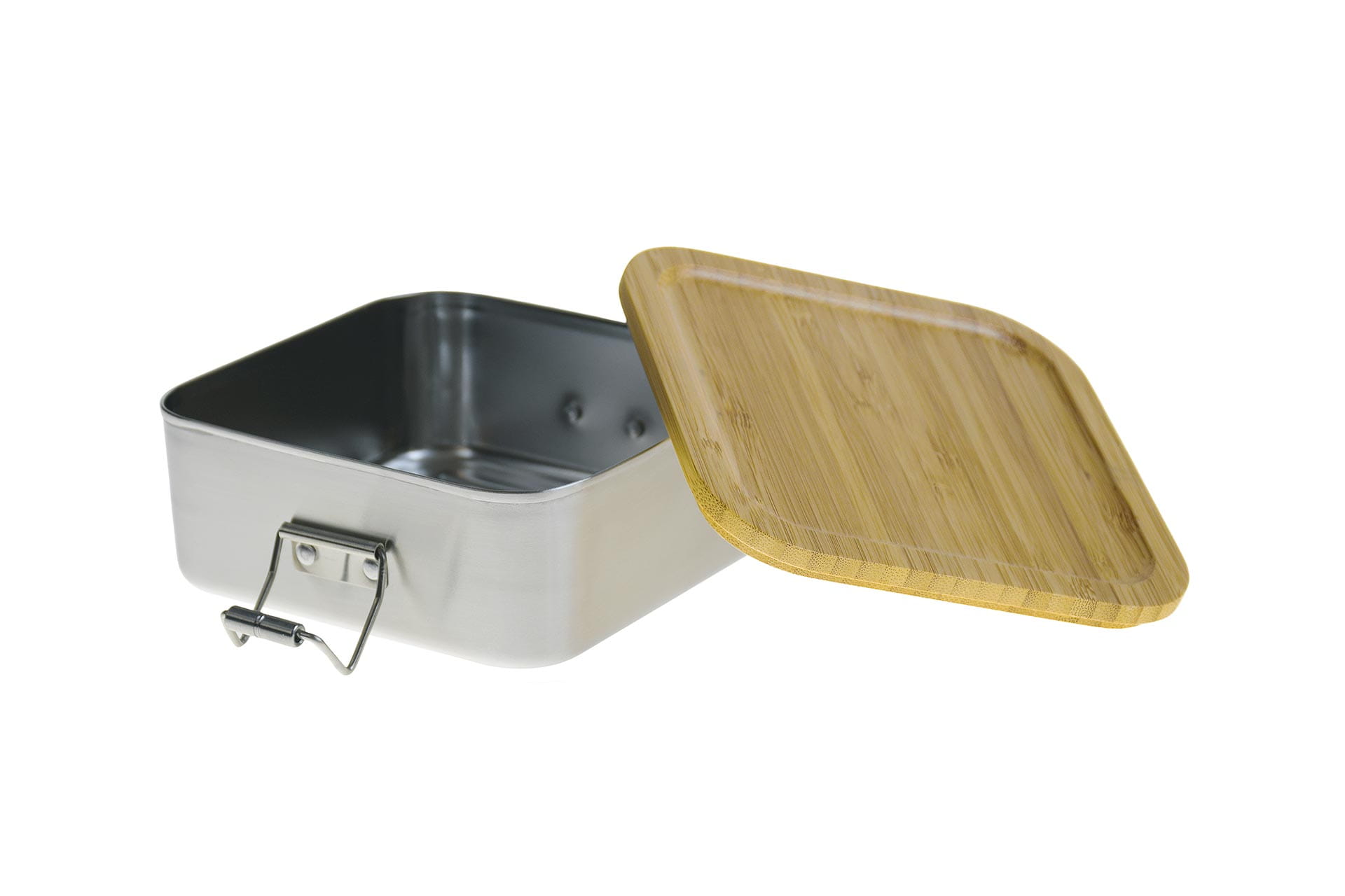 Boîte sandwich en acier inoxydable ouverte, le couvercle peut être utilisé comme planche à découper.