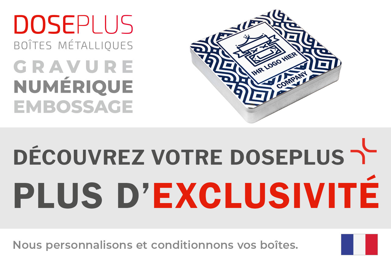 Boîte à chocolat carrée Doseplus – texte du bandeau : Découvrez votre Doseplus, plus d'exclusivité. Boîte métallique haut de gamme personnalisée avec gravure et impression.