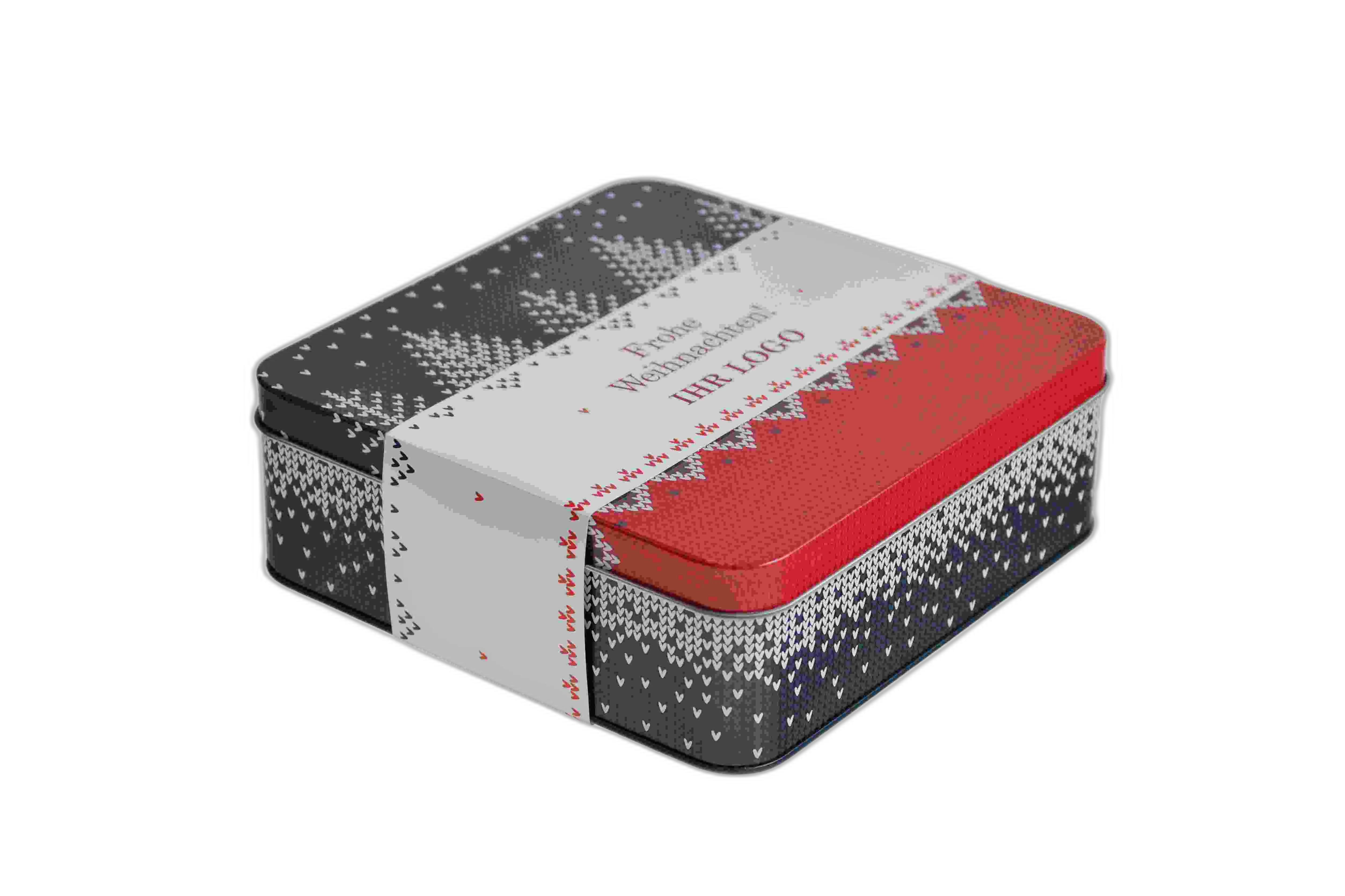 Boîte de Noël en vue latérale avec bandeau personnalisable clairement visible