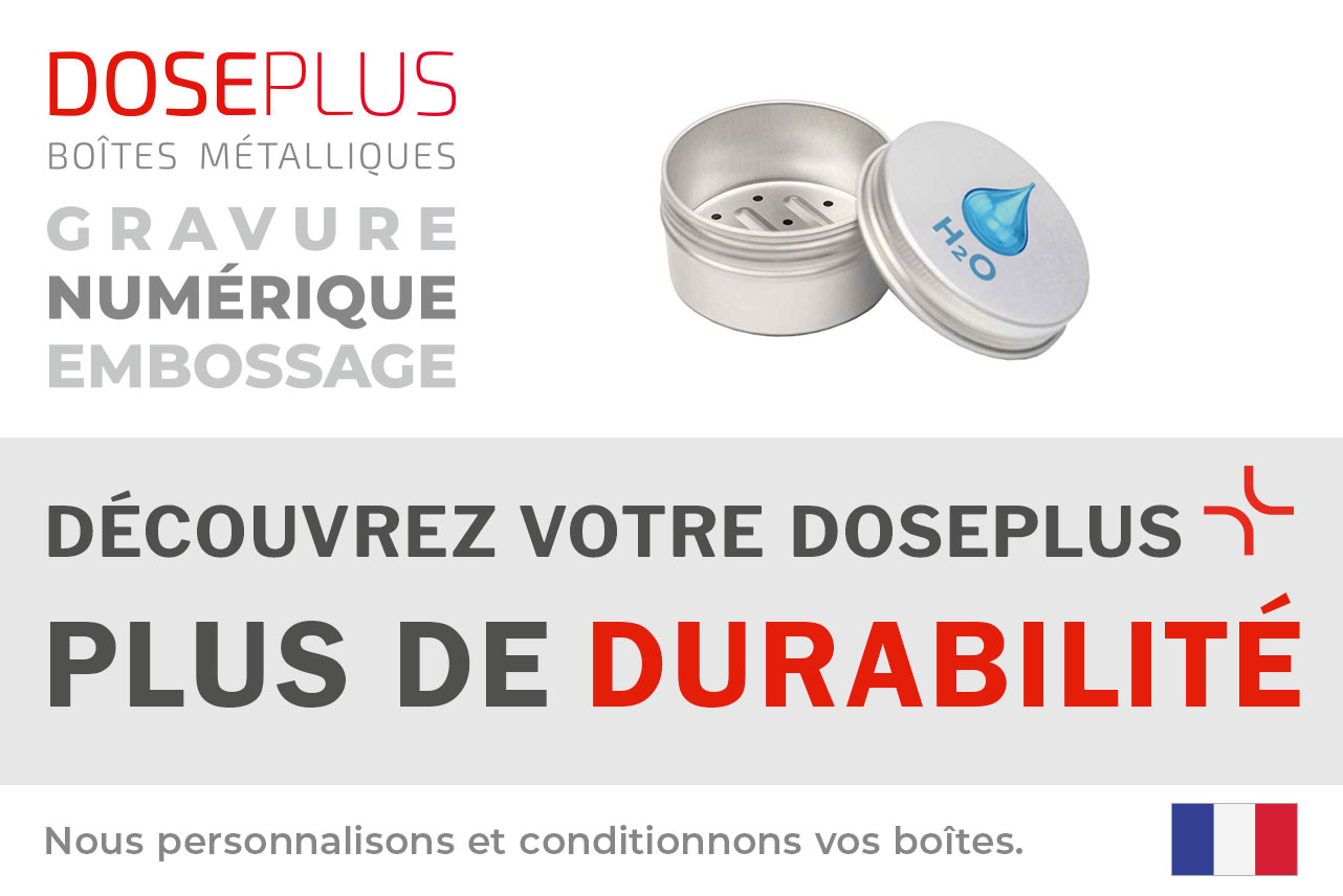 Boîte à savon ronde en aluminium Doseplus DSS-050 – texte du bandeau : Découvrez votre Doseplus, plus de durabilité. Boîte réutilisable pour savons solides et produits durables.