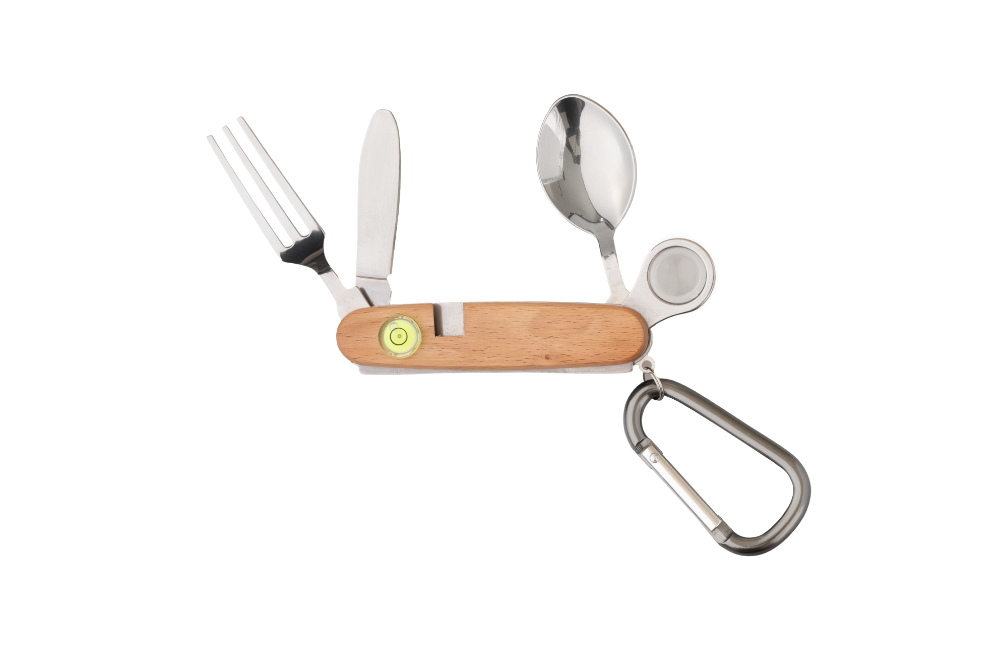 Kinder-Outdoor-Besteck mit Löffel, Gabel, Messer, Lupe, Wasserwaage und Karabiner