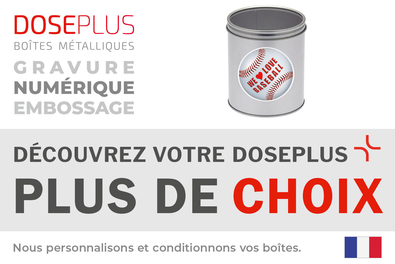 Boîte métallique Doseplus ronde – texte du bandeau : Découvrez votre Doseplus, plus de choix. Boîte personnalisée avec étiquette imprimée pour des designs variés.